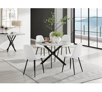 Furniturebox Uk Novara White Marble Black Leg 120Cm Round Dining Table & 4 White Corona Black Leg Chairs