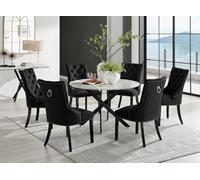 Furniturebox Uk Novara White Marble Black Leg 120Cm Round Dining Table & 6 Black Belgravia Black Leg Chairs