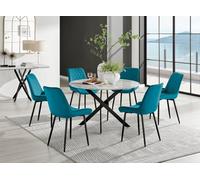 Furniturebox Uk Novara White Marble Black Leg 120Cm Round Dining Table & 6 Blue Pesaro Black Leg Chairs