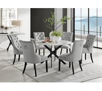 Furniturebox Uk Novara White Marble Black Leg 120Cm Round Dining Table & 6 Grey Belgravia Black Leg Chairs