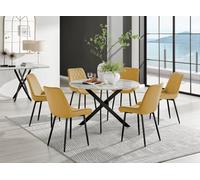 Furniturebox Uk Novara White Marble Black Leg 120Cm Round Dining Table & 6 Mustard Pesaro Black Leg Chairs