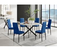 Furniturebox Uk Novara White Marble Black Leg 120Cm Round Dining Table & 6 Navy Velvet Milan Black Leg Chairs