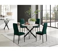 Furniturebox Uk Novara White Marble Black Leg Round Dining Table & 4 Green Velvet Milan Black Leg Chairs