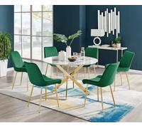 Furniturebox Uk Novara White Marble Gold Leg 120Cm Round Dining Table & 6 Green Pesaro Gold Leg Chairs