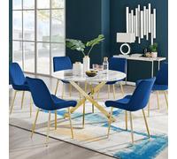 Furniturebox Uk Novara White Marble Gold Leg 120Cm Round Dining Table & 6 Navy Pesaro Gold Leg Chairs