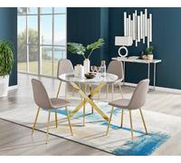 Furniturebox Uk Novara White Marble Gold Leg Round Dining Table & 4 Cappuccino Corona Gold Leg Chairs