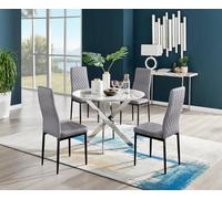 Furniturebox Uk Novara White Marble Round Dining Table & 4 Grey Velvet Milan Black Leg Chairs