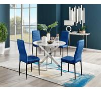 Furniturebox Uk Novara White Marble Round Dining Table & 4 Navy Velvet Milan Black Leg Chairs