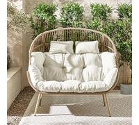 Furniturebox UK Outdoor Furniture, Light Brown Rattan Double Egg Chair, 2 Seat Garden Chair, Cream Cushions, Free Weather Resistant Cover, For Balcony Garden Patios & Decks