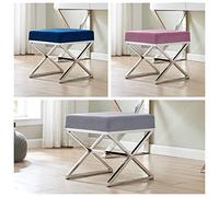 Furniturebox UK Oxford Modern Silver Chrome Metal and Velvet Luxury Upholstered Square Blue/Pink/Grey Living Room Bedroom Hallway Seat Chair Stool Bench (Grey Velvet and Silver Leg Stool)