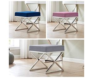 Furniturebox UK Oxford Modern Silver Chrome Metal and Velvet Luxury Upholstered Square Blue/Pink/Grey Living Room Bedroom Hallway Seat Chair Stool Bench (Grey Velvet and Silver Leg Stool)