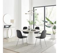 Furniturebox Uk Palma Beige Stone Effect Round Dining Table & 4 Black Corona Silver Chairs