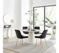 Furniturebox Uk Palma Beige Stone Effect Round Dining Table & 4 Black Pesaro Gold Leg Chairs