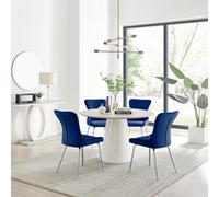 Furniturebox Uk Palma Beige Stone Effect Round Dining Table & 4 Blue Nora Silver Leg Chairs