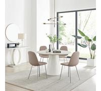 Furniturebox Uk Palma Beige Stone Effect Round Dining Table & 4 Cappuccino Corona Silver Chairs