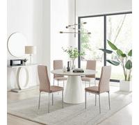 Furniturebox Uk Palma Beige Stone Effect Round Dining Table & 4 Cappuccino Milan Chrome Leg Chairs