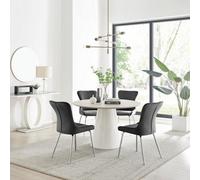 Furniturebox Uk Palma Beige Stone Effect Round Dining Table & 4 Dark Grey Nora Silver Leg Chairs