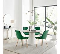 Furniturebox Uk Palma Beige Stone Effect Round Dining Table & 4 Green Pesaro Gold Leg Chairs