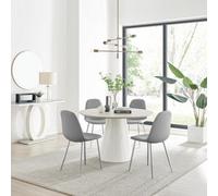 Furniturebox Uk Palma Beige Stone Effect Round Dining Table & 4 Grey Corona Silver Chairs