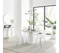 Furniturebox Uk Palma Beige Stone Effect Round Dining Table & 4 White Corona Silver Chairs