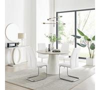 Furniturebox Uk Palma Beige Stone Effect Round Dining Table & 4 White Lorenzo Chairs