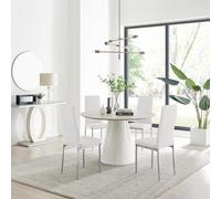 Furniturebox Uk Palma Beige Stone Effect Round Dining Table & 4 White Milan Chrome Leg Chairs