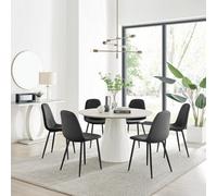Furniturebox Uk Palma Beige Stone Effect Round Dining Table & 6 Black Corona Black Leg Chairs