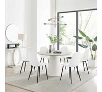Furniturebox Uk Palma Beige Stone Effect Round Dining Table & 6 White Corona Black Leg Chairs