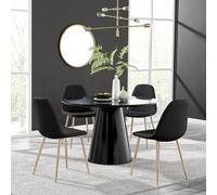 Furniturebox Uk Palma Black Semi Gloss Round Dining Table & 4 Black Corona Gold Leg Chairs
