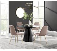 Palma Black Semi Gloss Round Dining Table and 4 Corona Gold Leg Chairs - Cappuccino