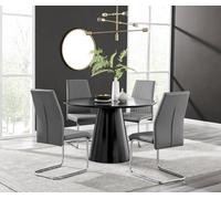 Furniturebox Uk Palma Black Semi Gloss Round Dining Table & 4 Grey Lorenzo Chairs