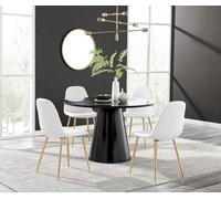 Palma Black Semi Gloss Round Dining Table and 4 Corona Gold Leg Chairs - White
