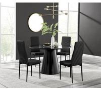 Furniturebox Uk Palma Black Semi Gloss Round Pedestal Dining Table & 4 Black Faux Leather Milan Black Leg Chairs