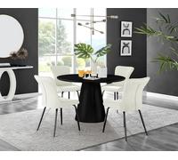 Furniturebox Uk Palma Black Semi-Gloss Round Pedestal Dining Table & 4 Cream Velvet Nora Black Leg Chairs