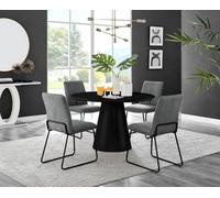 Furniturebox Uk Palma Black Semi-Gloss Round Pedestal Dining Table & 4 Dark Grey Fabric Halley Black Leg Chairs