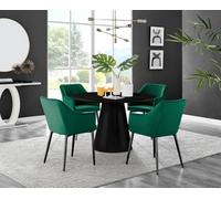 Furniturebox Uk Palma Black Semi Gloss Round Pedestal Dining Table & 4 Green Velvet Calla Black Leg Chairs