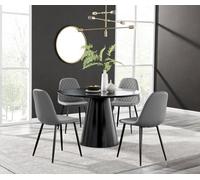 Furniturebox Uk Palma Black Semi Gloss Round Pedestal Dining Table & 4 Grey Faux Leather Corona Black Leg Chairs
