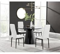 Furniturebox Uk Palma Black Semi Gloss Round Pedestal Dining Table & 4 White Faux Leather Milan Black Leg Chairs