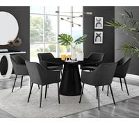 Palma Black Semi Gloss Round Dining Table and 6 Calla Black Leg Chairs - Black