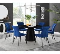 Furniturebox Uk Palma Black Semi-Gloss Round Pedestal Dining Table & 6 Blue Velvet Nora Black Leg Chairs
