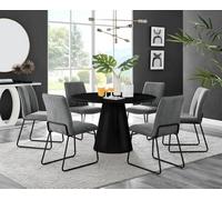 Furniturebox Uk Palma Black Semi-Gloss Round Pedestal Dining Table & 6 Dark Grey Fabric Halley Black Leg Chairs