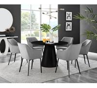 Furniturebox Uk Palma Black Semi Gloss Round Pedestal Dining Table & 6 Grey Velvet Calla Black Leg Chairs