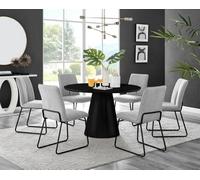 Furniturebox Uk Palma Black Semi-Gloss Round Pedestal Dining Table & 6 Light Grey Fabric Halley Black Leg Chairs
