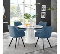 Furniturebox Uk Palma White High Gloss Round Dining Table & 4 Blue Falun Black Leg Chairs