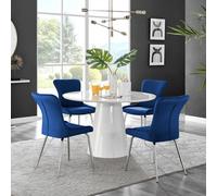 Palma White High Gloss Round Dining Table and 4 Nora Silver Leg Chairs - Blue