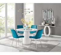 Furniturebox Uk Palma White High Gloss Round Dining Table & 4 Blue Pesaro Silver Chairs