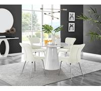 Furniturebox Uk Palma White High Gloss Round Dining Table & 4 Cream Nora Silver Leg Chairs