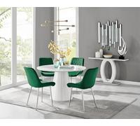 Furniturebox Uk Palma White High Gloss Round Dining Table & 4 Green Pesaro Silver Chairs