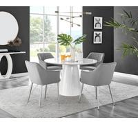 Furniturebox Uk Palma White High Gloss Round Dining Table & 4 Grey Calla Silver Leg Chairs