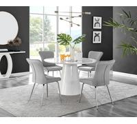 Palma White High Gloss Round Dining Table and 4 Nora Silver Leg Chairs - Light Grey